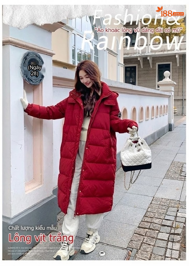Áo Phao Nữ Dáng Dài Có Mũ Trùm Đầu Form Rộng Dày Dặn Màu Đỏ, Trắng, Đen chi tiết 1