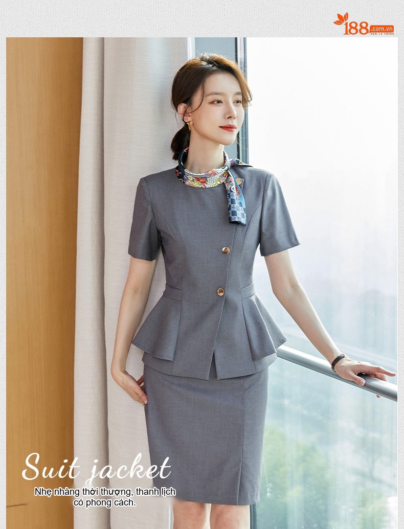 Bộ Vest Công Sở Nữ Tay Ngắn Thiết Kế Thanh Lịch Màu Xanh, Xám chi tiết 11