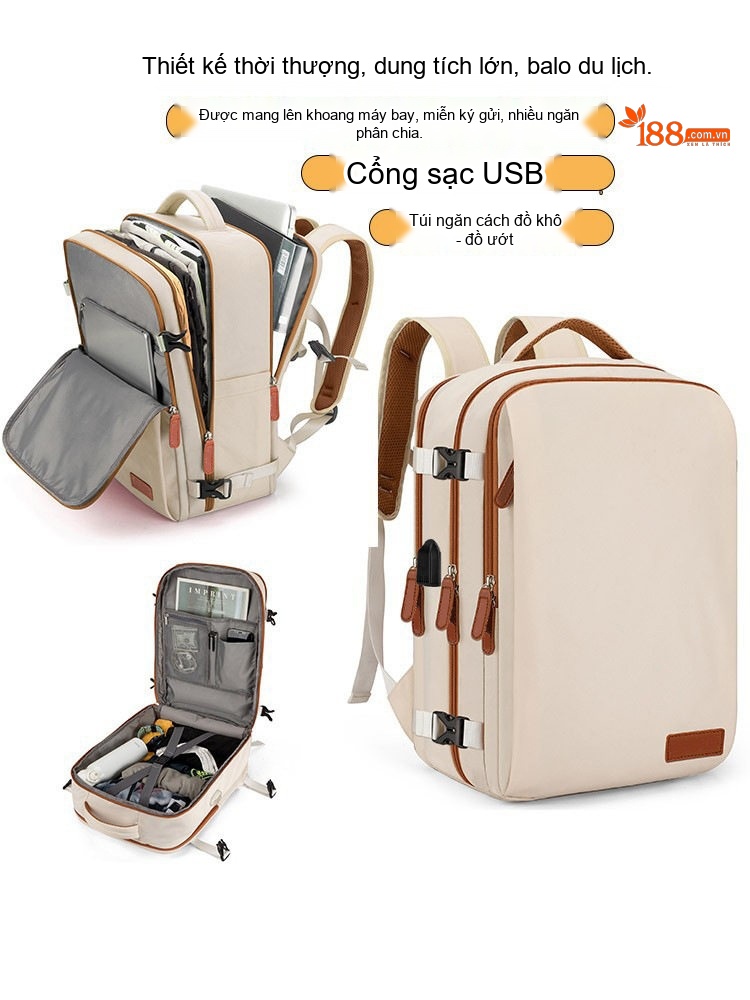 Balo Laptop Du Lịch Vải Bố Đa Năng Sức Chứa Lớn Màu Kem, Nâu chi tiết 4