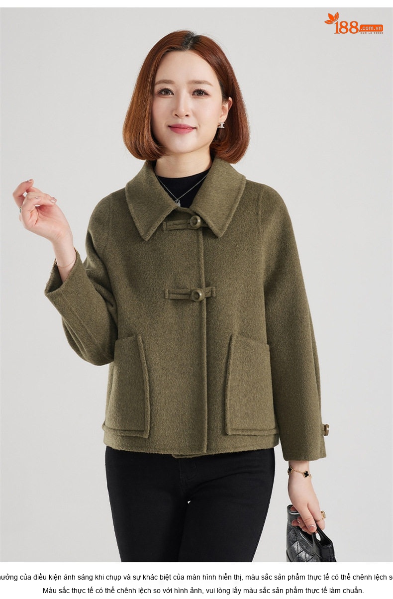 Áo Khoác Dạ Alpaca Hai Mặt Dáng Ngắn Màu Đỏ, Xanh Olive chi tiết 16