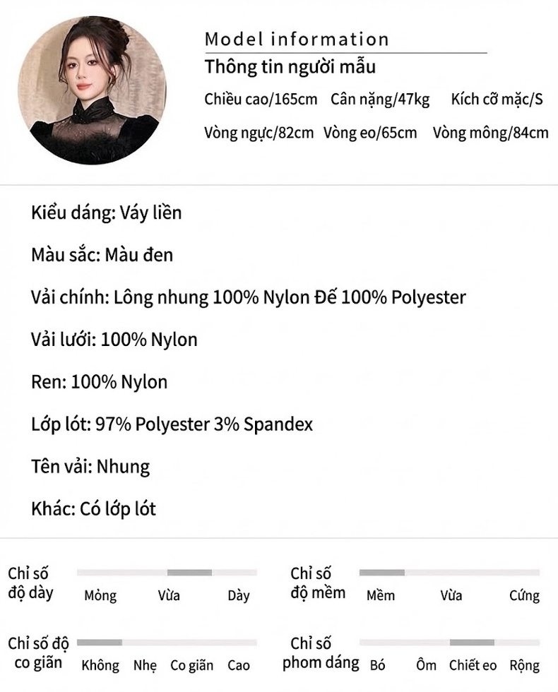 Váy Dạ Hội Nữ Nhung Tăm Phối Lưới Tay Dài Ôm Dáng Màu Đen chi tiết 2