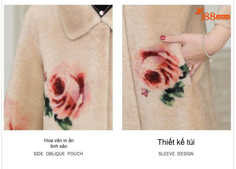 Áo Khoác Dạ Nữ Dáng Dài Lông Cừu In Hoa Cỡ Lớn Màu Be chi tiết 6