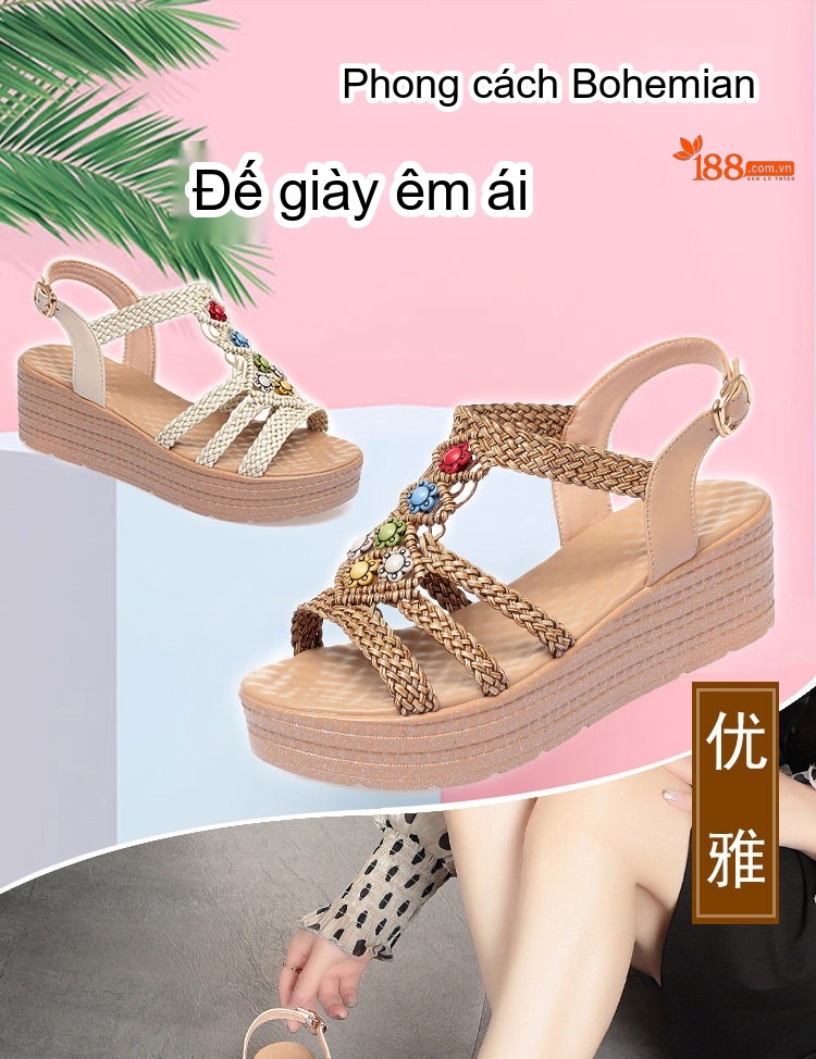 Dép Sandal Nữ Quai Dệt Bện Đính Hoa Đế Mềm Thoải Mái Đế Cao 5cm - 6cm Màu Kem chi tiết 1