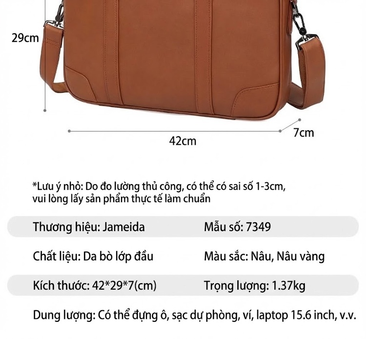 Túi Đựng Laptop Nam Da Bò Công Sở Văn Phòng Có Dây Đeo Chéo Màu Nâu chi tiết 9
