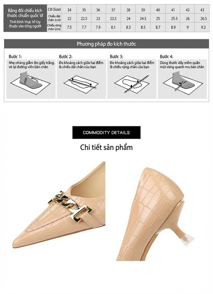 Giày Cao Gót Nữ Da Bóng Mũi Nhọn Trang Trí Xích Kim Loại Chiều Cao Đế Khoảng 3cm Màu Be, Trắng, Đen chi tiết 4