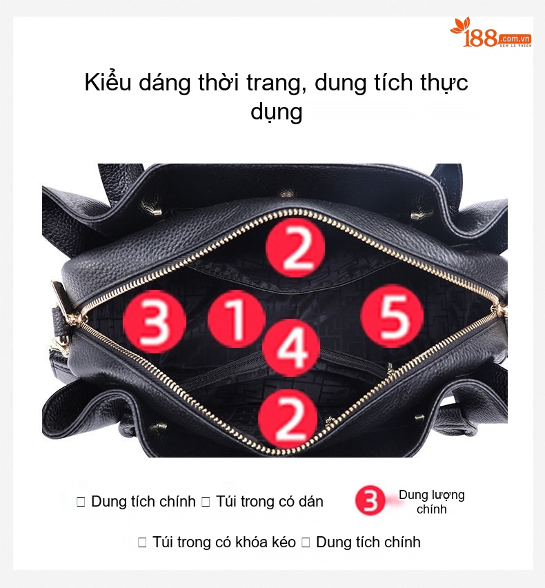 Túi Xách Tay Nữ Da Mềm Nhiều Ngăn Đeo Vai Đeo Chéo Thời Trang Màu Đen chi tiết 7