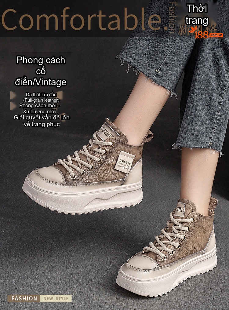 Giày Cao Cổ Nữ Da Bò Thật Buộc Dây Chiều Cao Đế Khoảng 5cm Màu Nâu, Trắng chi tiết 1