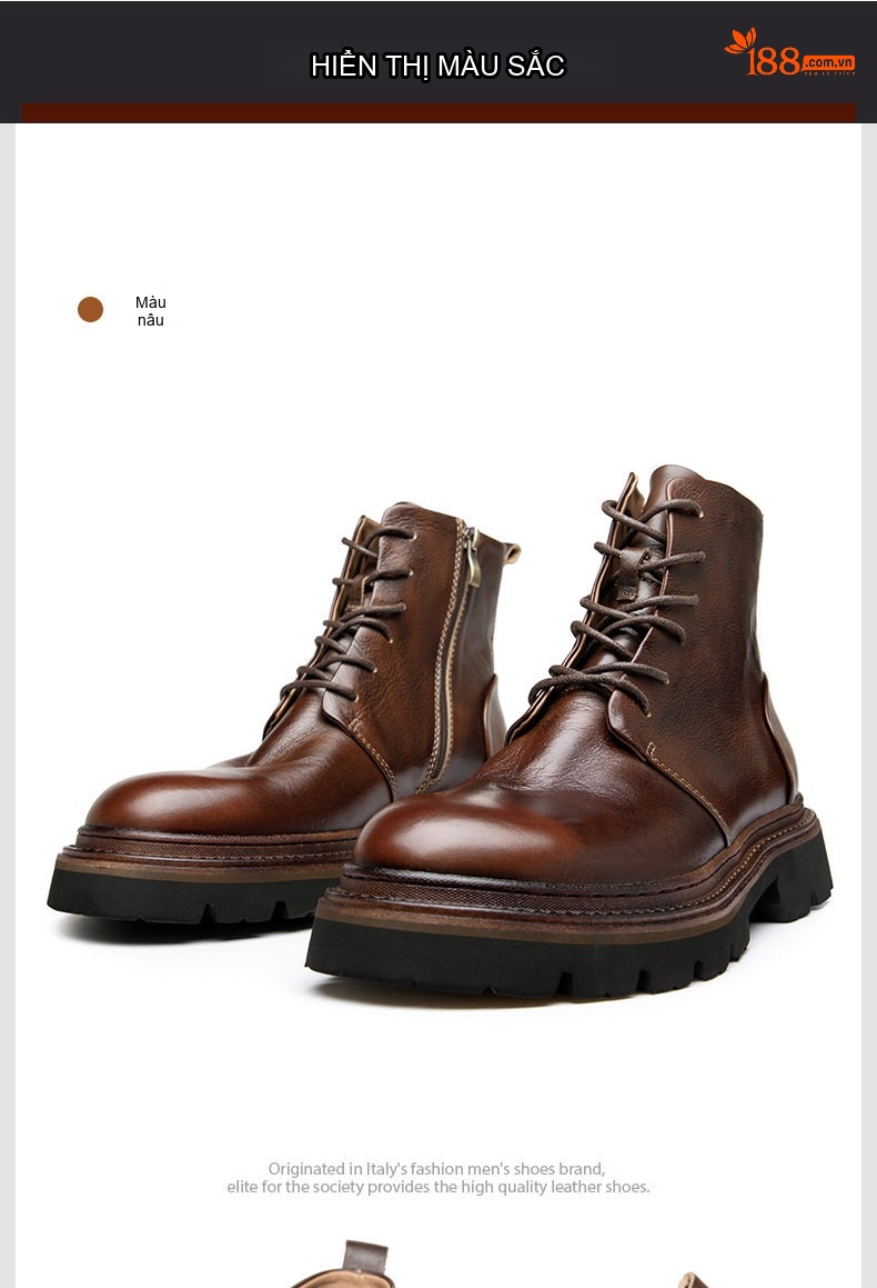 Giày Boot Martin Nam Da Thật Cổ Cao Chiều Cao Đế Khoảng 4cm Màu Đen, Nâu chi tiết 15
