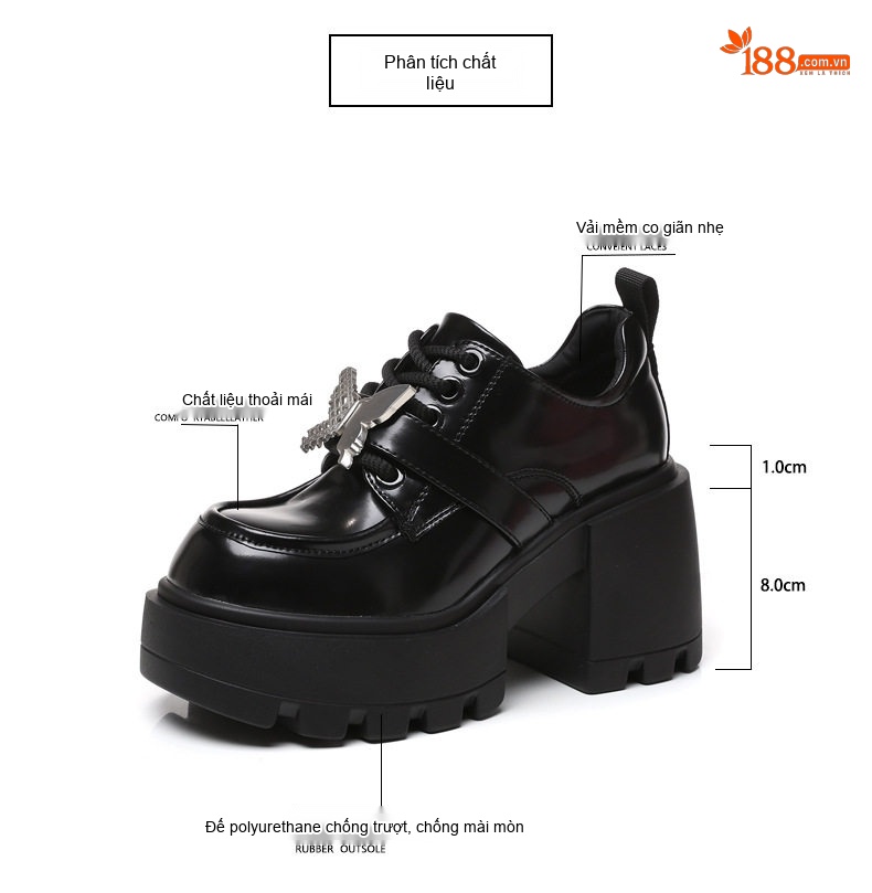 Giày Loafer Nữ Da Bóng Đế Cao Gót 8cm Màu Đen, Nâu chi tiết 3