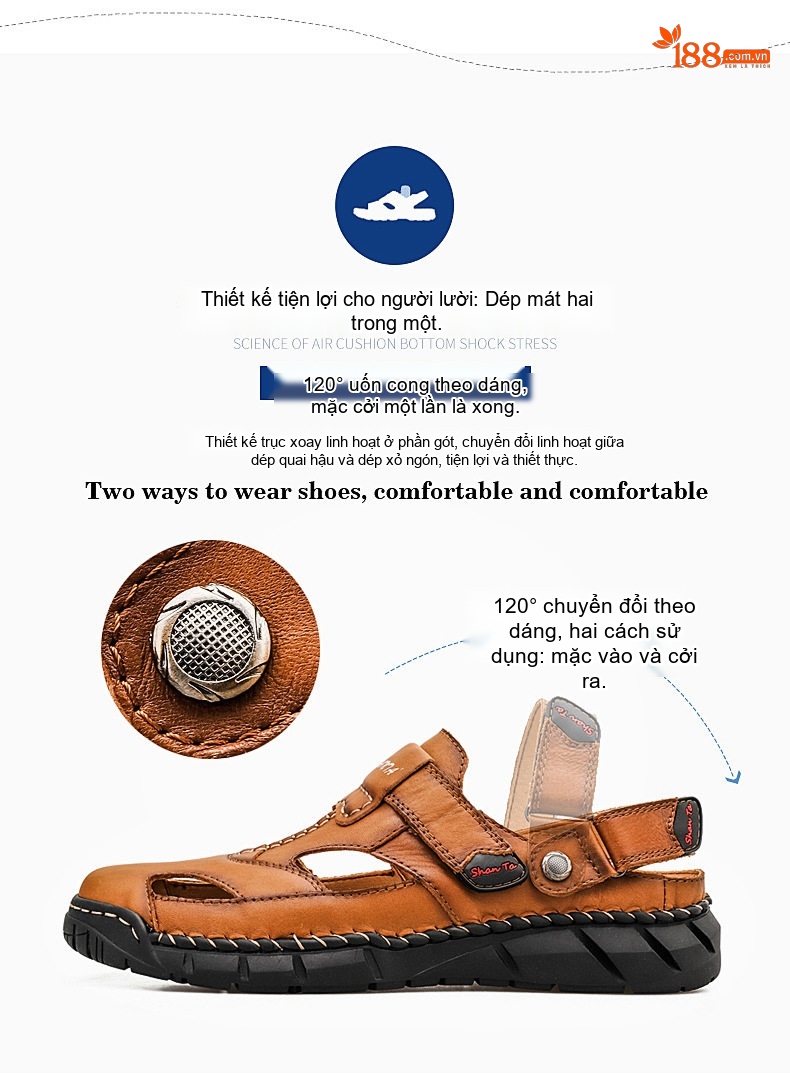 Dép Sandal Nam Da Thật Thoáng Khí Chiều Cao Đế Khoảng 3cm Màu Nâu, Đen chi tiết 2