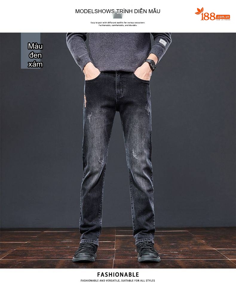 Quần Jean Nam Ống Đứng Cotton Co Giãn Nhẹ Phong Cách Casual Màu Xám Đen chi tiết 7