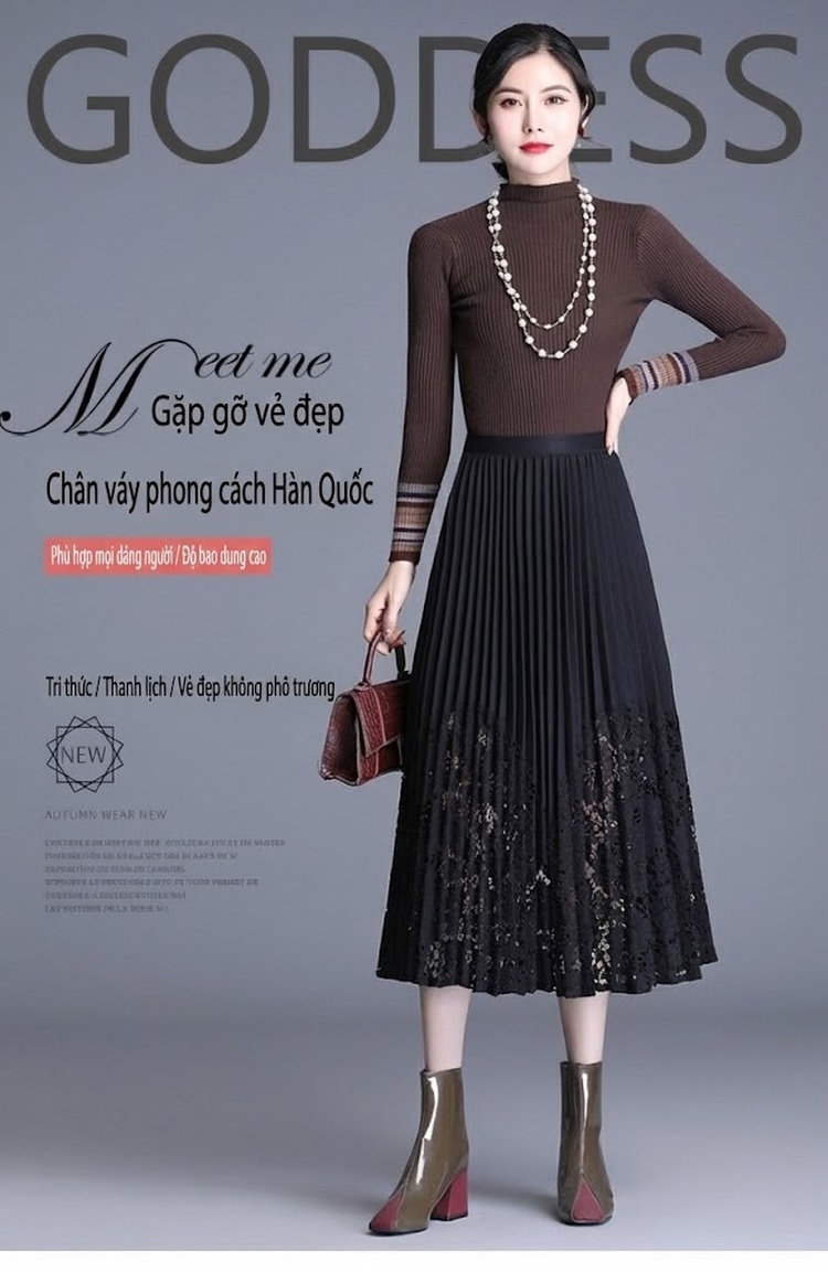 Chân Váy Midi Xếp Ly Ren Lưới Phong Cách Hàn Quốc Màu Đen chi tiết 1