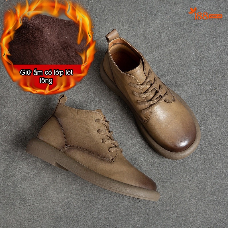 Boot Nữ Da Bò Cổ Cao Gót Bệt Mũi Tròn Phong Cách Retro Chiều Cao Đế Khoảng 3cm Màu Nâu, Đen, Xám