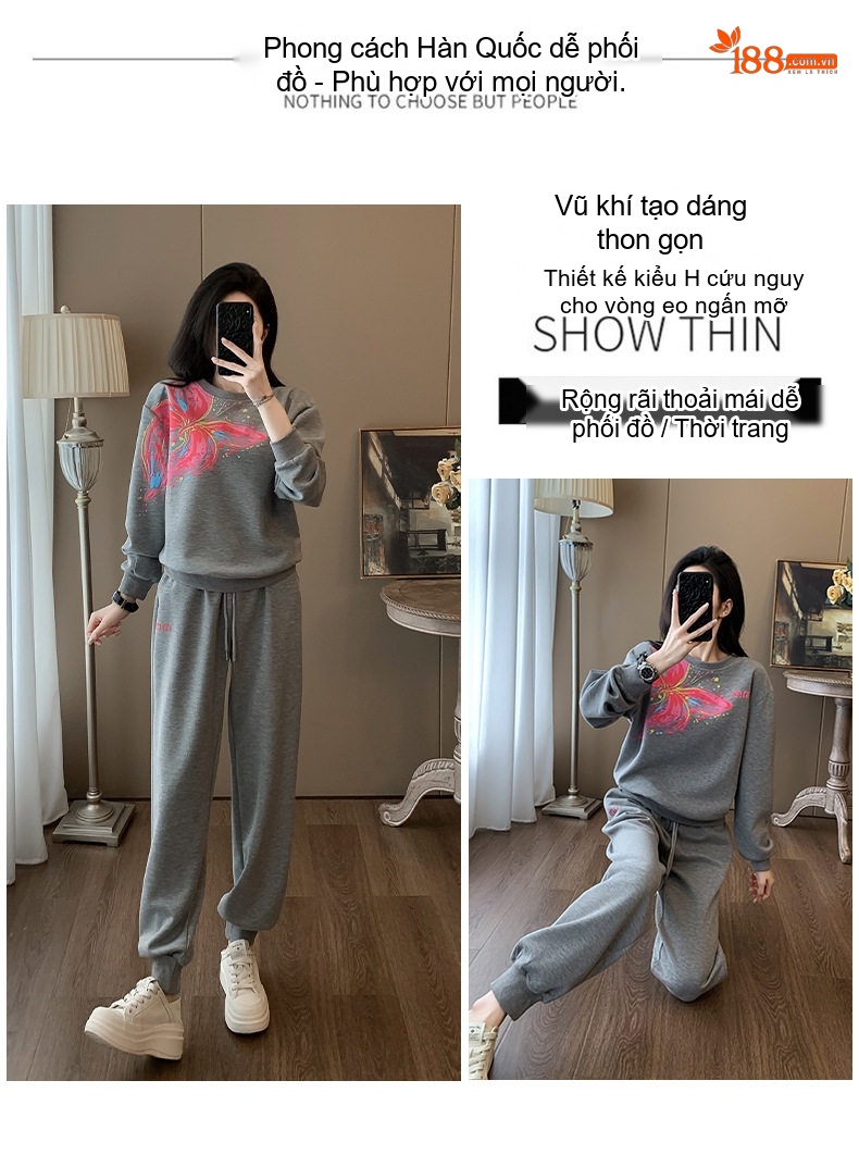 Bộ Quần Áo Nữ Thun Dài Tay In Hình Bướm Phong Cách Thể Thao chi tiết 2