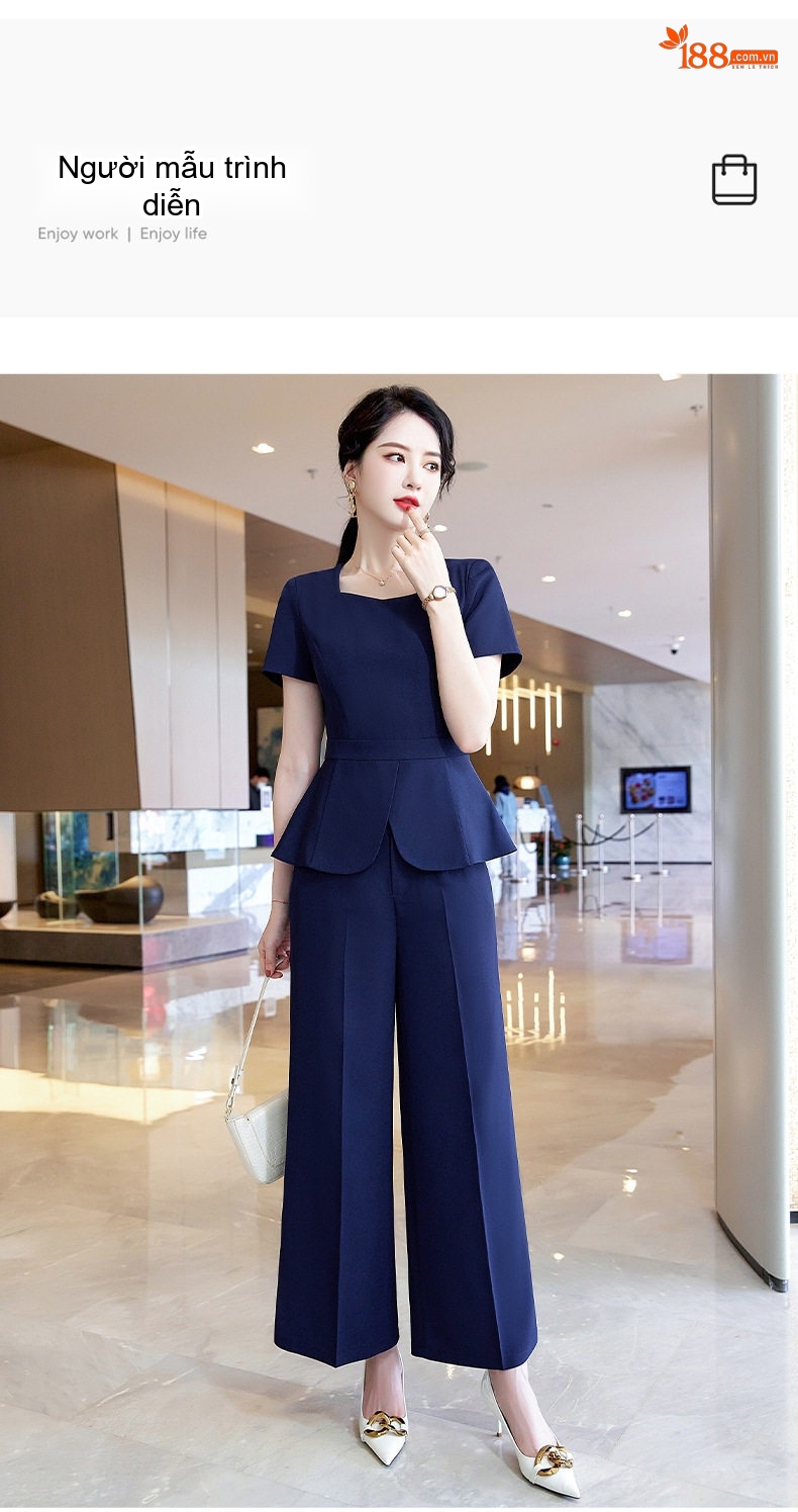 Bộ Set Áo Peplum Quần Ống Rộng Công Sở Thanh Lịch Màu Đen, Xanh Navy chi tiết 16