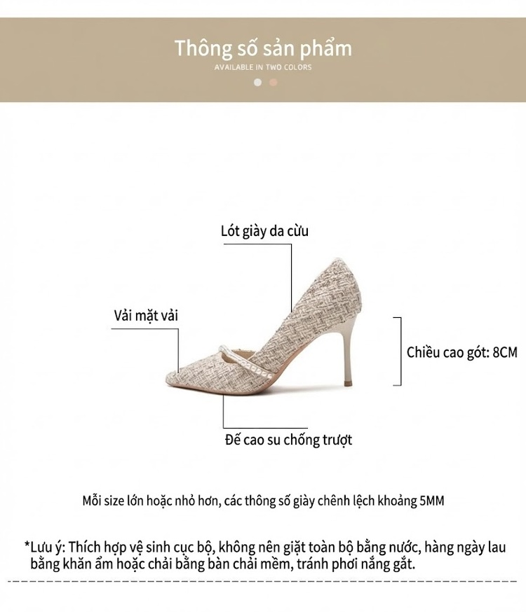 Giày Cao Gót Nữ Da Cừu Mũi Nhọn Hở Bên Chiều Cao Đế Khoảng 7cm Màu Đen, Kem chi tiết 4