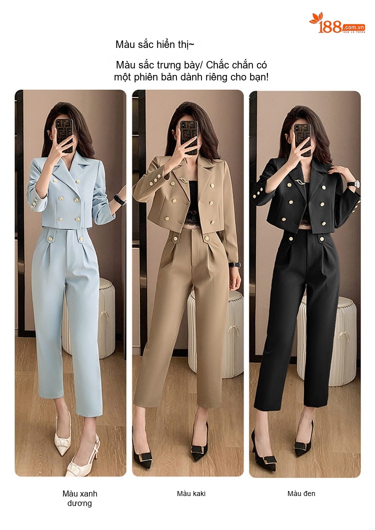 Bộ Vest Công Sở Nữ Dáng Ngắn Quần Dài/Chân Váy Màu Kaki, Đen, Xanh Dương chi tiết 8