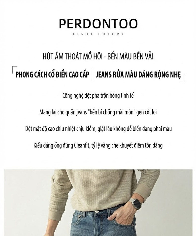 Quần Jean Nam Dáng Rộng Vừa Phải Phong Cách Retro Đường Phố Chất Vải Denim Xanh Dương chi tiết 1