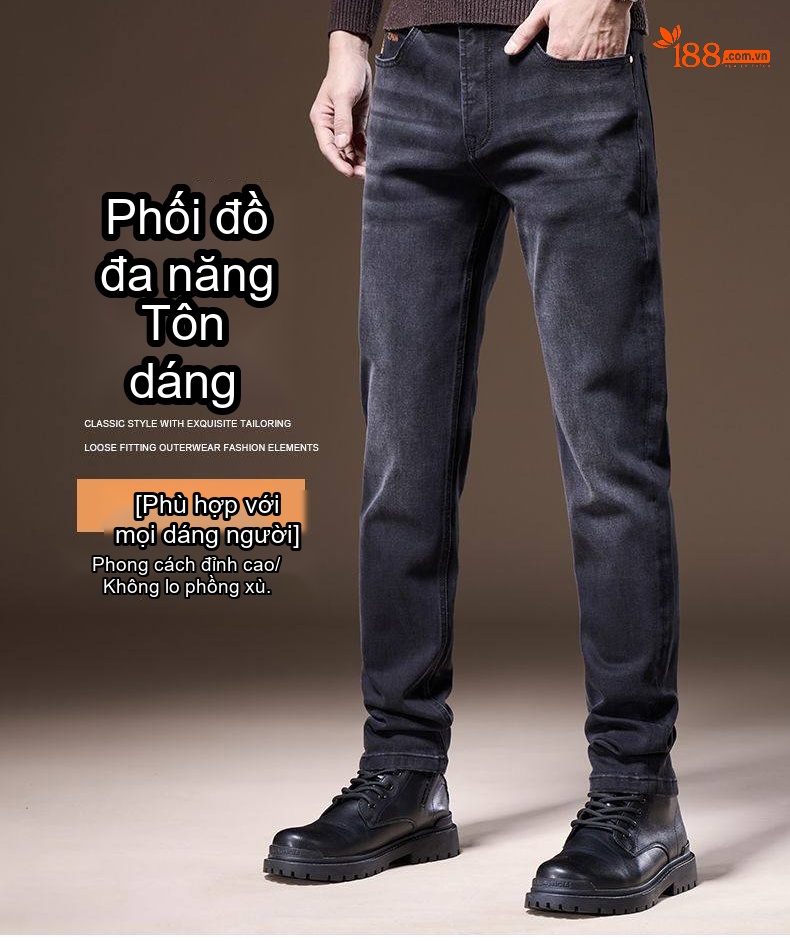 Quần Jean Nam Ống Đứng Co Giãn Lót Lông Cao Cấp Màu Đen Khói chi tiết 2