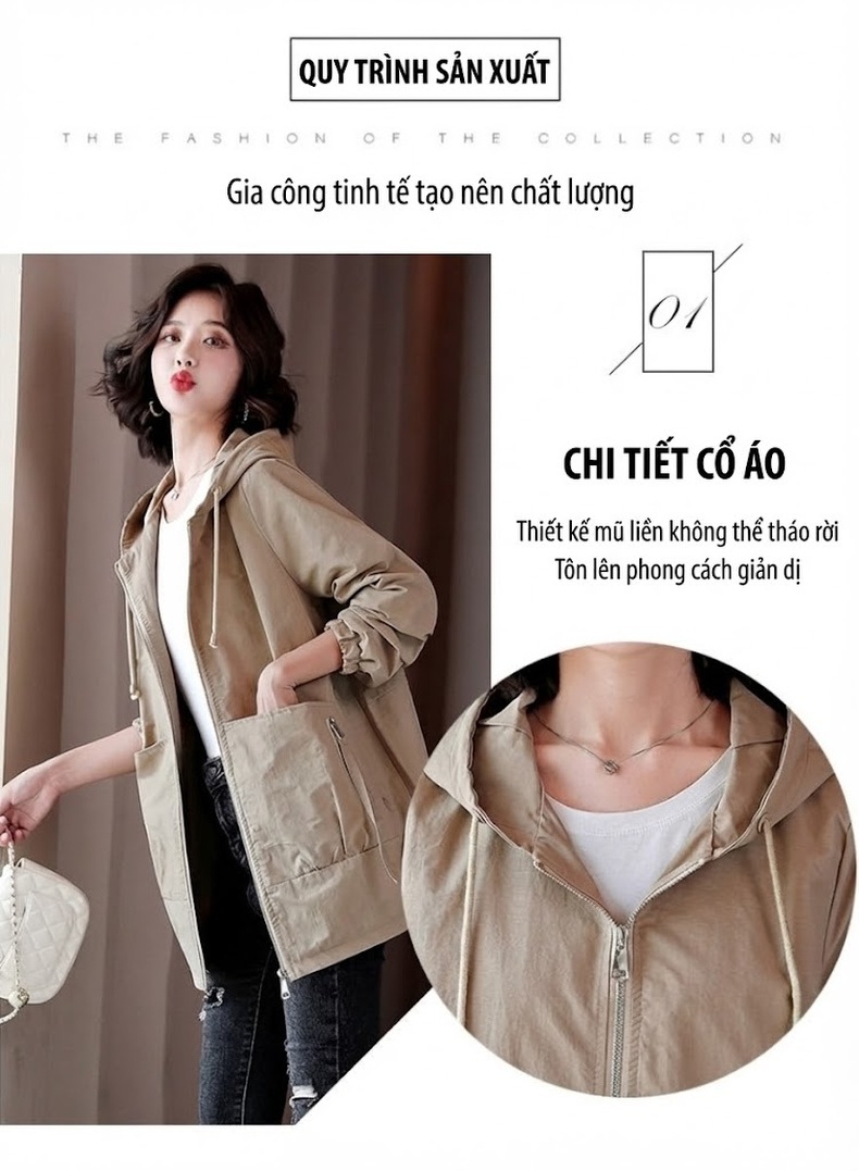 Áo Khoác Gió Nữ Dáng Dài Vừa Vải Cotton Form Rộng Hàn Quốc Có Mũ Trùm Đầu Màu Be, Nâu chi tiết 4
