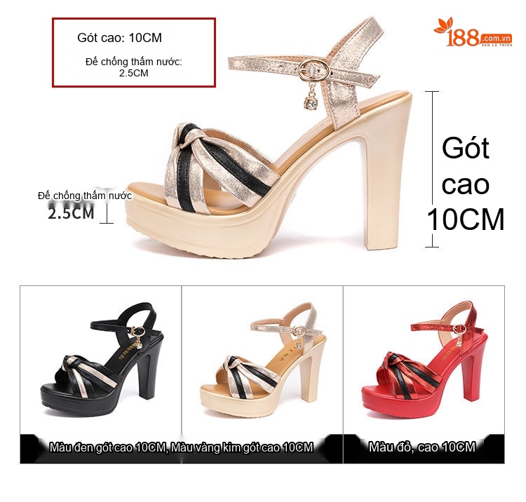 Giày Sandal Cao Gót Nữ Quai Ngang Hở Ngón Gót Cao 10cm Màu Vàng, Đen, Đỏ chi tiết 4