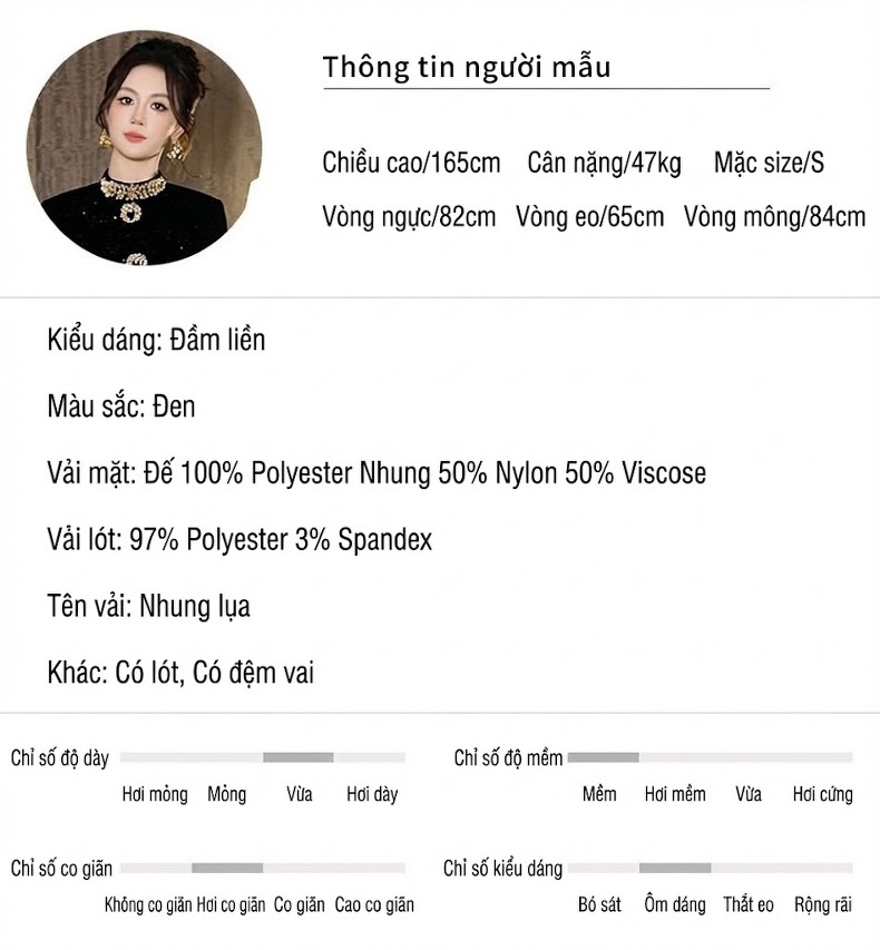 Váy liền thân Nữ Ôm Dáng Cổ Tròn Đính Đá Phong Cách Quý Cô Màu Đen chi tiết 2