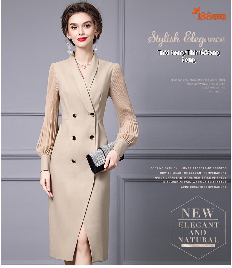 Váy Đầm Nữ Thu Đông Cổ chữ Vest Tay Dài Chiết Eo Dáng Ôm Màu Be chi tiết 17