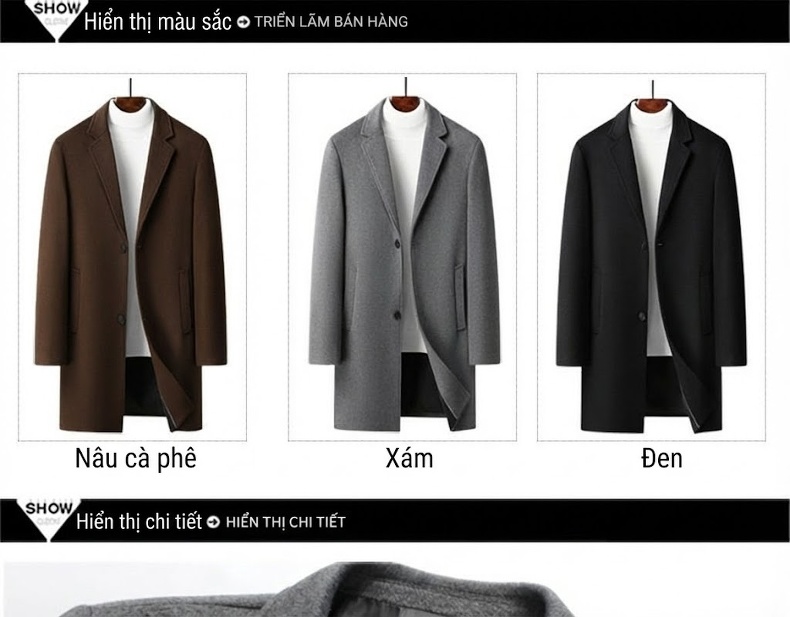 Áo Khoác Dạ Nam Dáng Dài Vừa Cổ chữ Vest Cài Nút Phong Cách Tối Giản Màu Đen, Xám, Nâu chi tiết 10