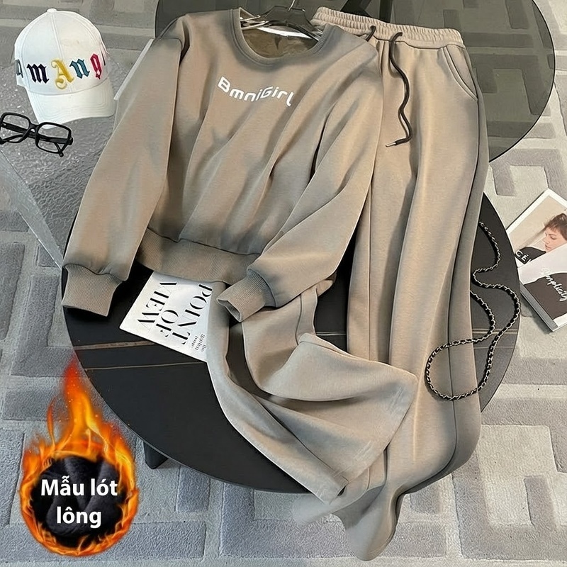 Bộ Đồ Nữ Mùa Đông Áo Hoodie Dài Tay Quần Ống Rộng Lót Lông Dày Dặn In Chữ Màu Be, Đen