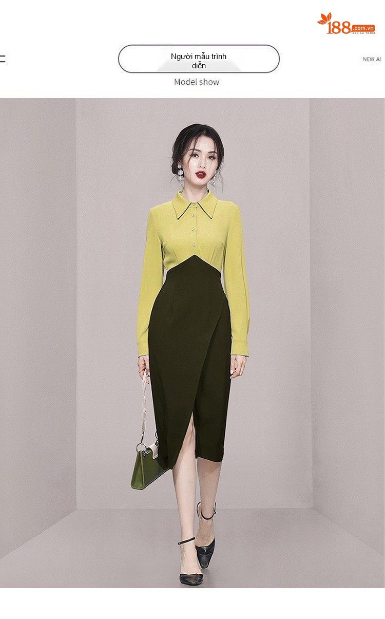 Váy liền thân Nữ Dáng Ôm Cổ Bẻ Tay Dài Xẻ Tà Màu Xanh Lá, Xanh Olive chi tiết 7