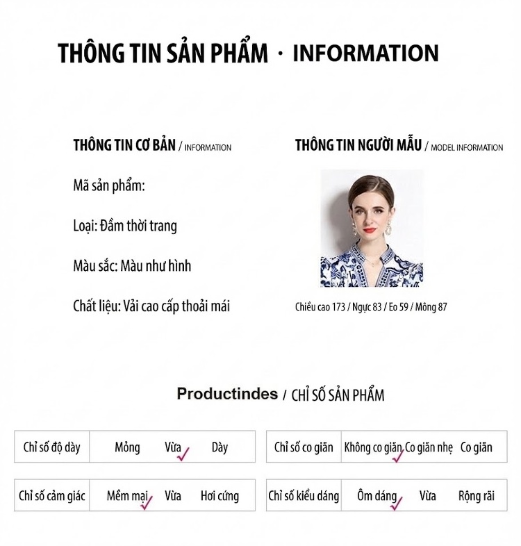 Váy Chữ A Nữ Cổ chữ V Tay Loe Thắt Eo Họa Tiết Cổ Điển Màu Trắng, Xanh Lam chi tiết 14
