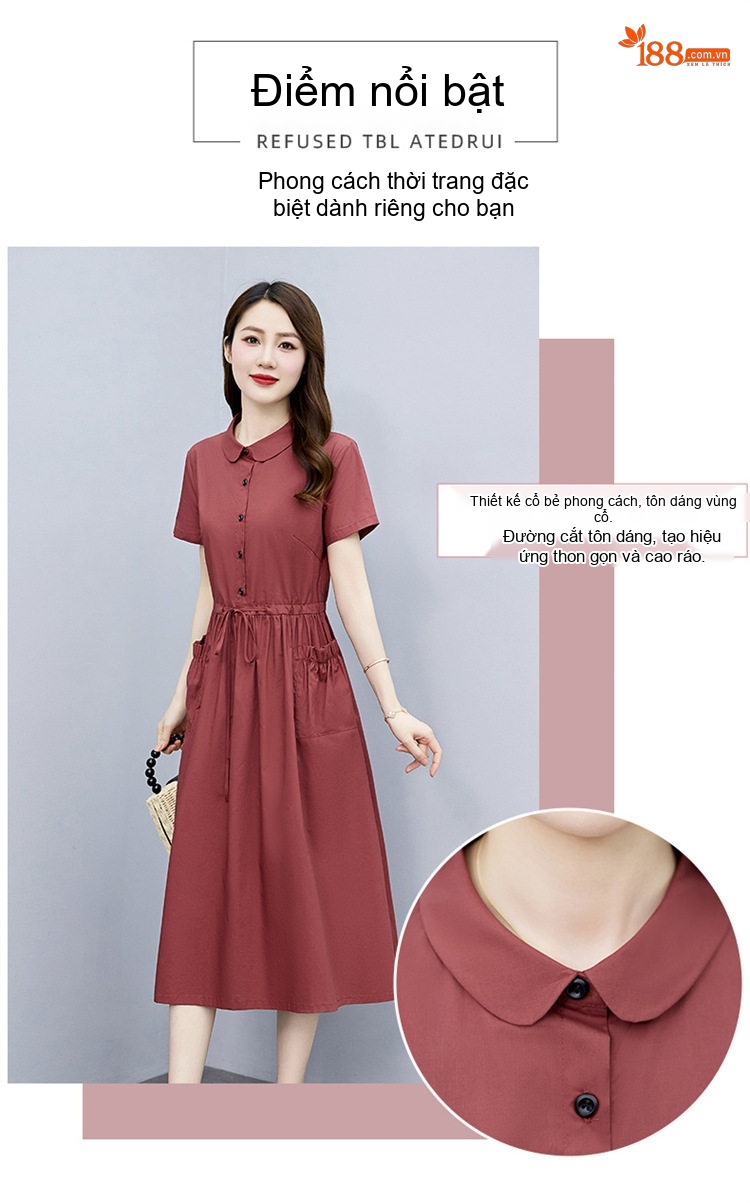Váy Polo Nữ dáng chữ A Chiết Eo Thanh Lịch Màu Đỏ, Nâu, Xanh Navy, Xanh Lá chi tiết 5