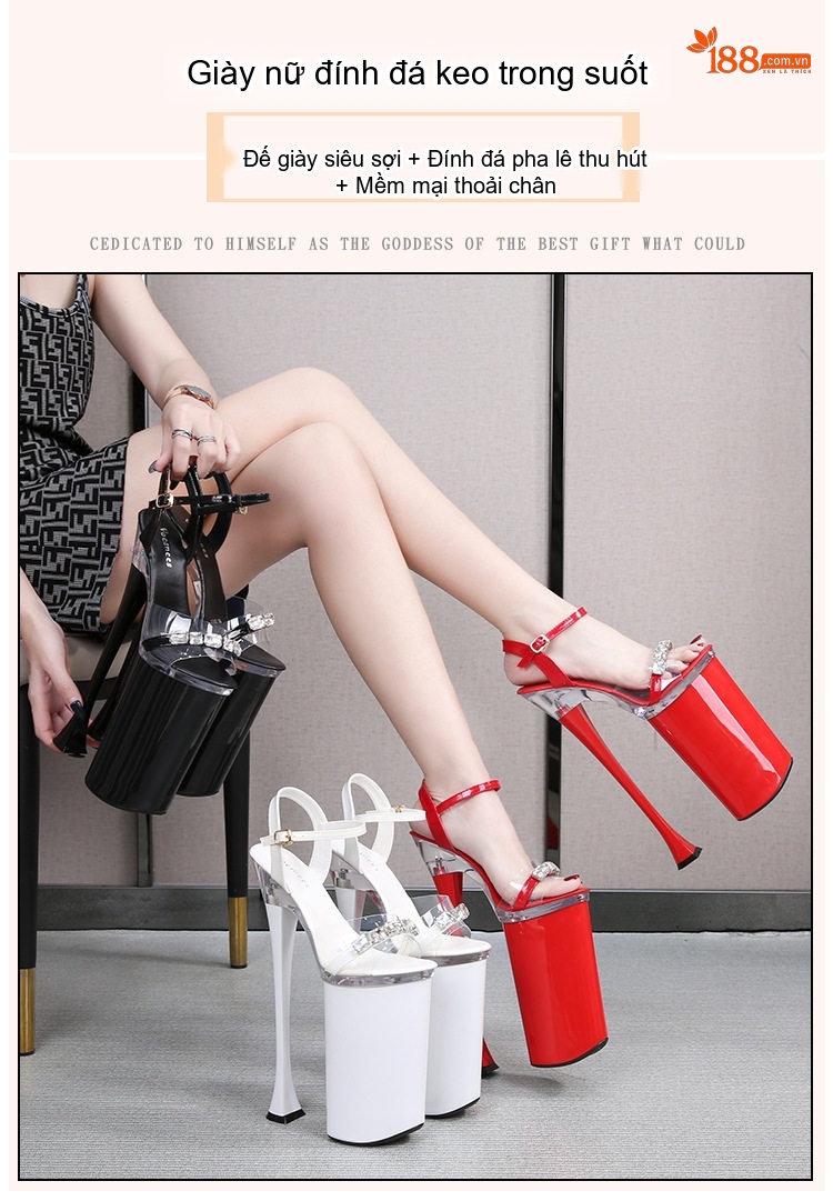 Giày Sandal Cao Gót Nữ Quai Trong Suốt Đính Đá Gót Cao 26cm Màu Đen, Đỏ, Trắng chi tiết 1