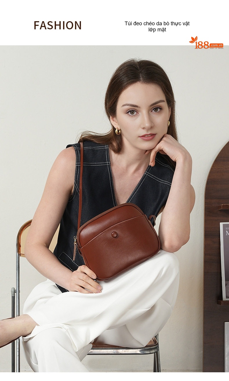 Túi Đeo Chéo Nữ Da Thật Mini Phom Hộp Thời Trang Công Sở Màu Nâu, Đen, Xanh, Kem... chi tiết 2