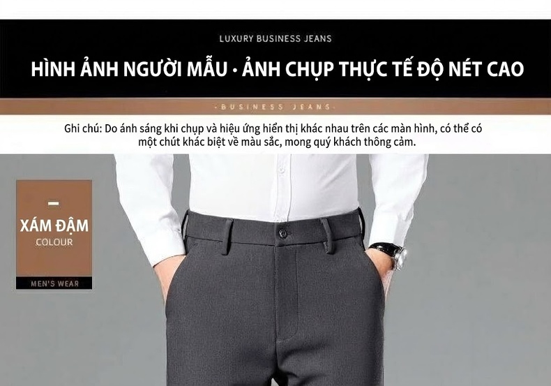 Quần Tây Nam Ống Đứng Rộng Vừa Vải Pha Len và Tơ Tằm Cao Cấp Màu Đen, Xám chi tiết 10