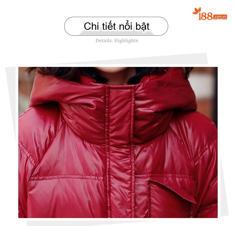 Áo Khoác Phao Nữ Dáng Dài Vừa Vặn Lót Lông Vũ Trắng Dáng Nhỏ Bề Mặt Bóng Màu Đỏ, Đen chi tiết 4