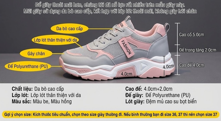 Giày Thể Thao Nữ Đế Dày Phong Cách Hàn Quốc Chiều Cao Đế Khoảng 5cm Màu Đen, Xám chi tiết 28