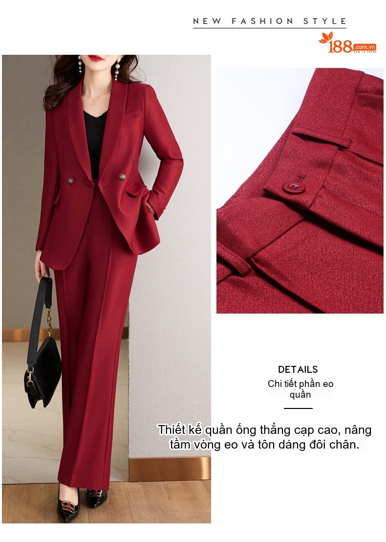 Set Bộ Vest Nữ Quần Ống Rộng Dáng Ôm Thanh Lịch Màu Đỏ, Xanh Lá, Đen chi tiết 13