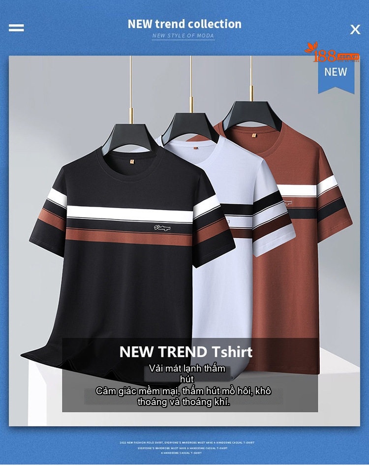 Áo Thun Nam Cotton Sọc Ngắn Tay Cổ Tròn Form Rộng Màu Đen, Nâu, Trắng chi tiết 1