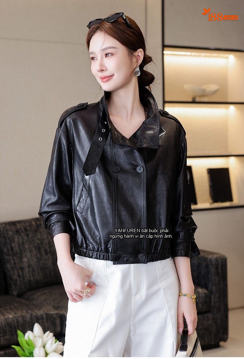Áo Khoác Da Thật Nữ Kiểu Ngắn Dáng Bomber Da Cừu chi tiết 15
