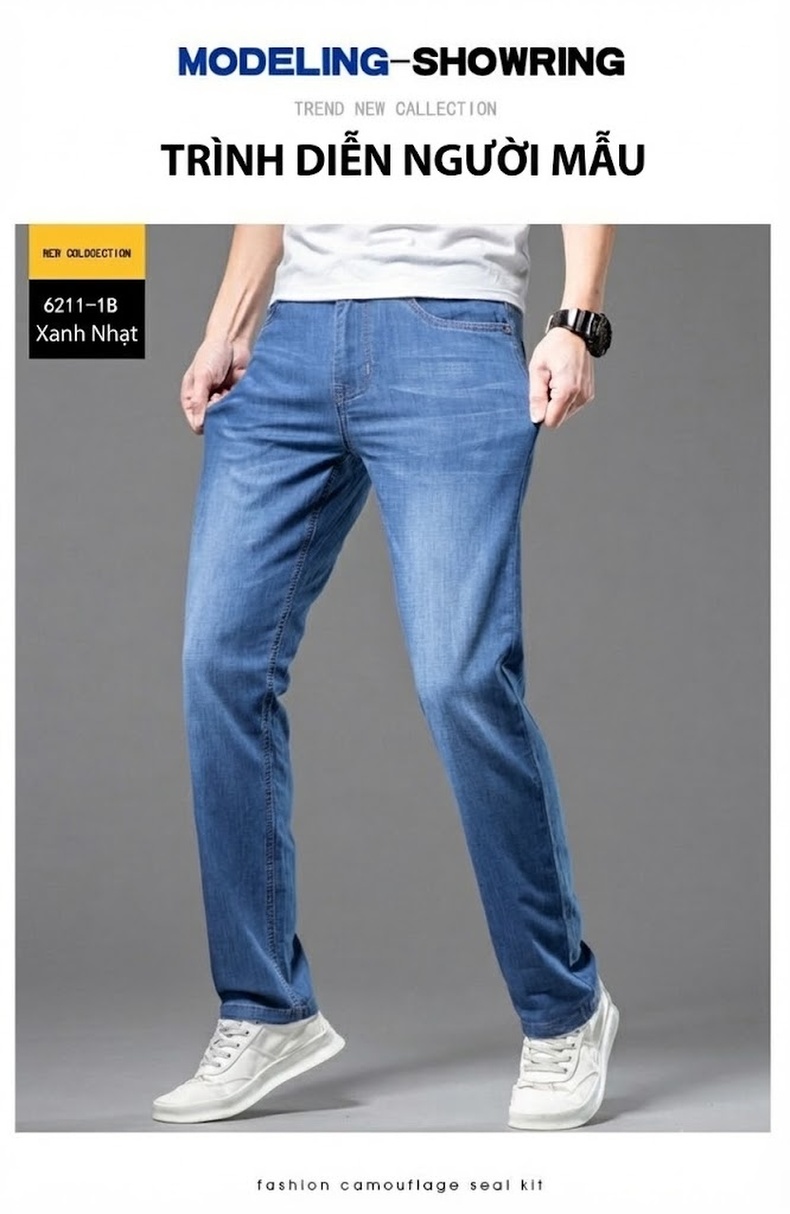 Quần Jeans Dài Nam Ống Đứng Co Giãn Nhẹ Thoáng Khí Màu Xanh Dương, Xám Đen chi tiết 4
