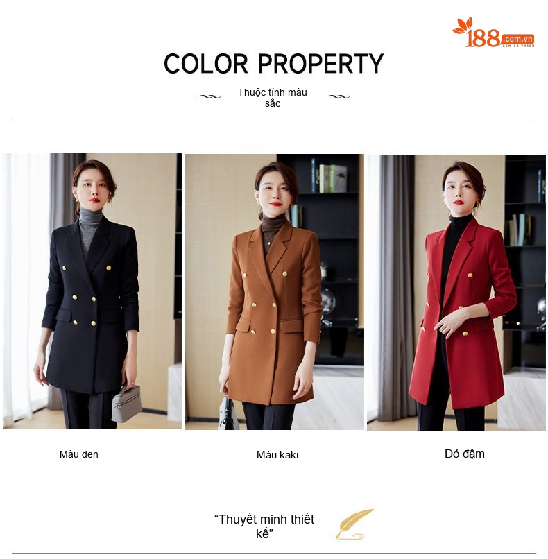 Áo Khoác Blazer Nữ Dáng Dài Tay Dài Màu Nâu, Đen, Đỏ chi tiết 3