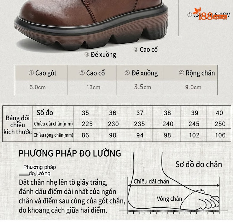 Boot Nữ Da Bò Cổ Cao Phong Cách Anh Quốc Chiều Cao Đế Khoảng 5cm Màu Nâu, Đen chi tiết 4