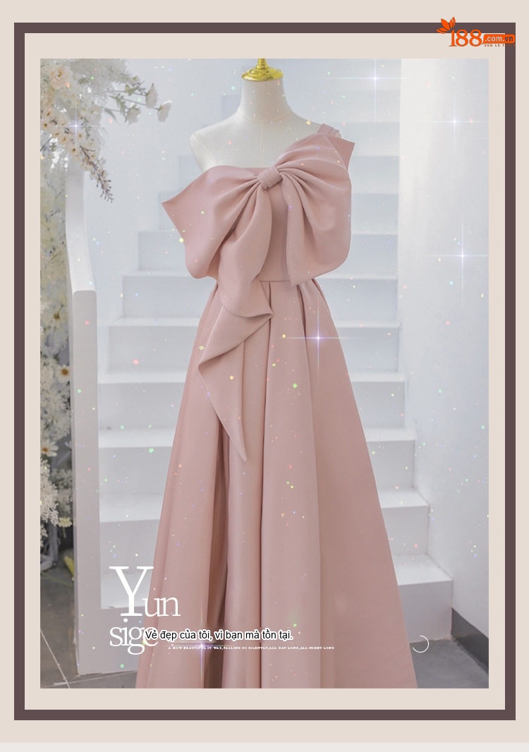Váy Dạ Hội Dáng Dài Hở Vai Đính Nơ Lớn Dự Tiệc Cưới Hỏi Cho Cô Dâu Màu Đỏ, Hồng chi tiết 1