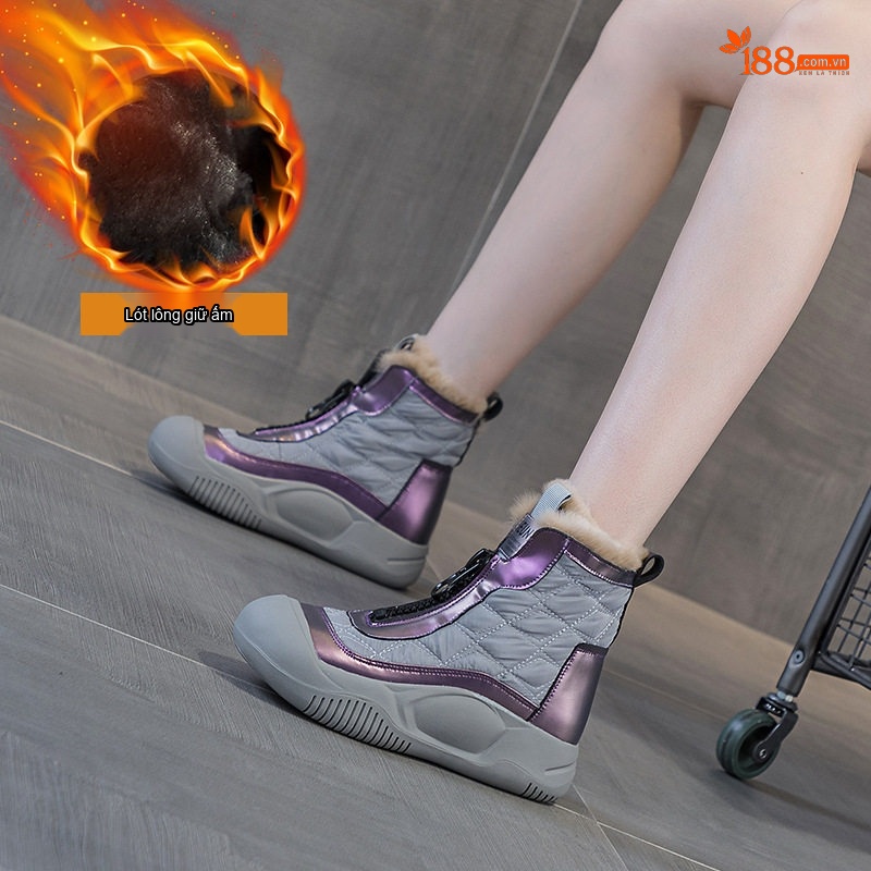 Giày Bốt Nữ Da Mặt Đế Bánh Mì Chiều Cao Đế Khoảng 5cm Màu Kem, Đen, Trắng, Tím...