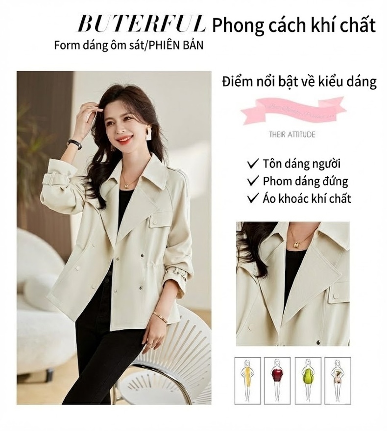Áo Khoác Gió Nữ Cổ chữ Vest Dáng Ôm Tay Dài Màu Be, Xanh chi tiết 6