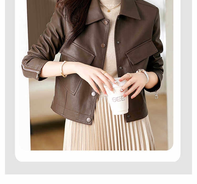 Áo Khoác Da Nữ Da Cừu Dáng Ngắn Thời Trang Thu Đông Màu Đen, Nâu chi tiết 8