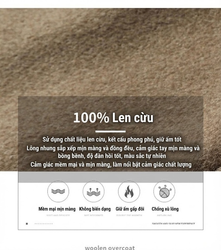 Áo Khoác Dạ Nam Hai Mặt Trung Dài Dáng Suông Chất Liệu Lông Cừu Màu Be, Xám, Đen chi tiết 3