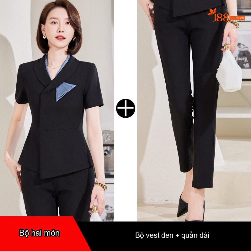 Set Bộ Vest Công Sở Nữ Tay Ngắn Thiết Kế Thanh Lịch Màu Đen, Xanh Navy
