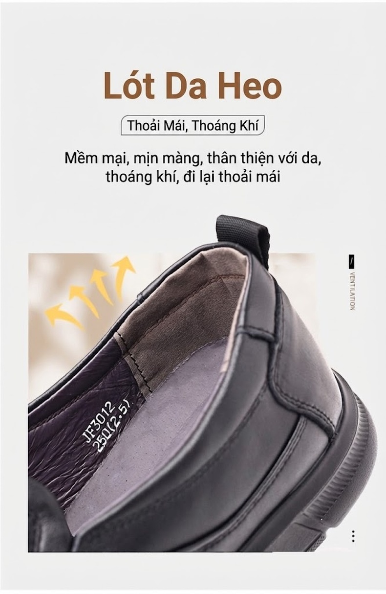 Giày Lười Nam Da Bò Chiều Cao Đế Khoảng 3cm Màu Đen chi tiết 8